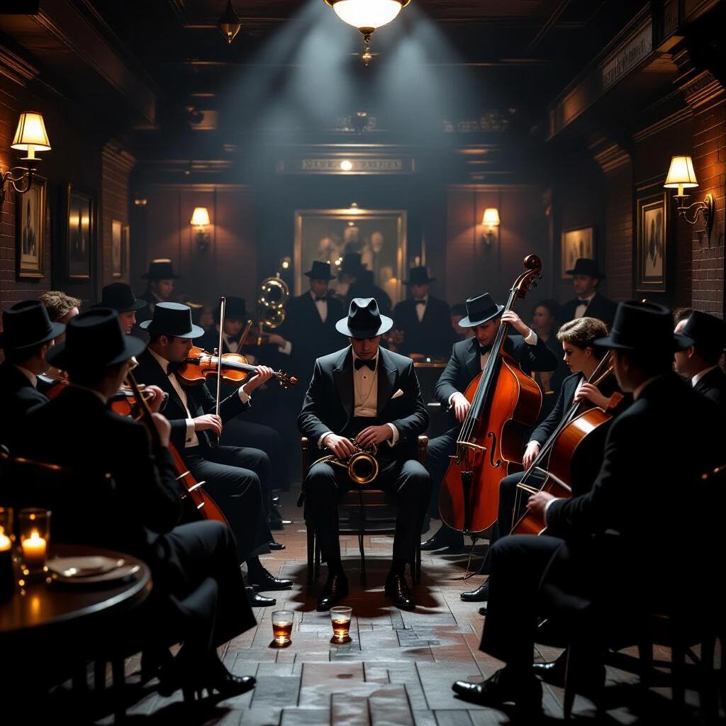 A scene from a 1920s speakeasy captures a hushed funeral. Guests are dressed in black attire. Jazz musicians play a mournful tune. Whiskey is passed amongst attendees. The atmosphere is ultra-realistic and somber.