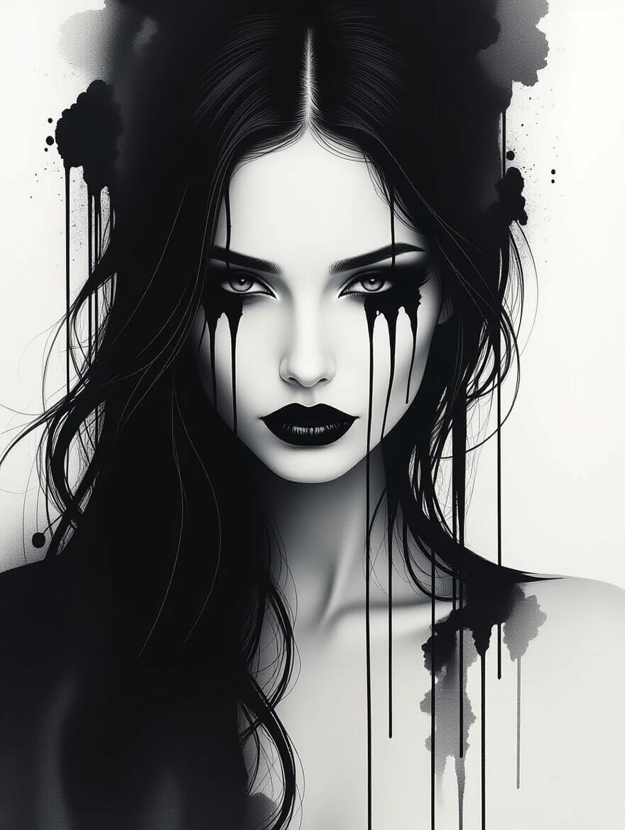 A mysterious woman formed from ink. Elegant and haunting with black trails like tears. Long dress melts into abstract stains. Dark ink flows from hair and hands. Surreal composition in high contrast black and white.