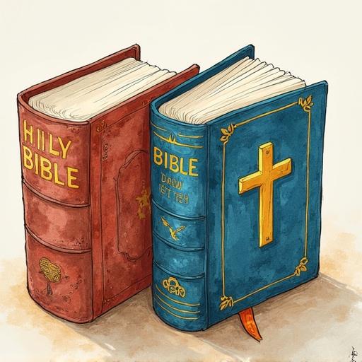 Illustration of two books next to each other one is a red Holy Bible and the other is a blue Science Encyclopedia. Both books have unique textures and designs and the Holy Bible has a cross on its cover.