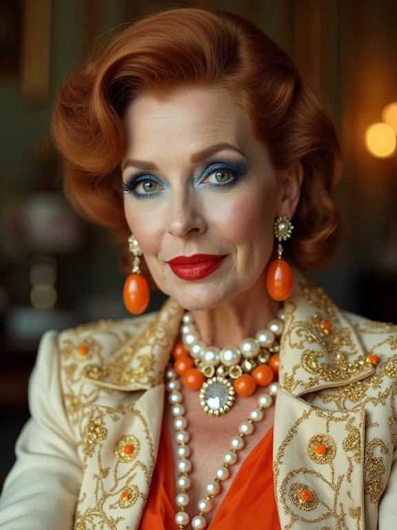 Portrait of an elderly woman with vintage Hollywood style. Bold blue eyeshadow, red lipstick. Short curled auburn hair. Ornate cream jacket with gold embroidery. Large orange earrings, layered pearl necklaces. Elegant indoor background with warm lighting. Cinematic and painterly quality.