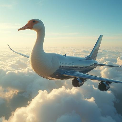 Surreal hybrid creature created by combining a goose and an airplane. Features a passenger jet body adorned with feathers. The head is a goose with a long neck emerging from the cockpit. The engines appear as flapping wings. The landing gear mimics webbed goose feet. Creature flies above clouds in a bright blue sky and warm sunset ambiance.