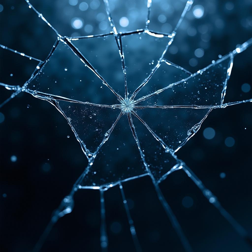 Image of broken glass on a dark blue background. Glass is shattered with sharp edges reflecting light. Soft, diffused lighting creates depth and texture in the glass.