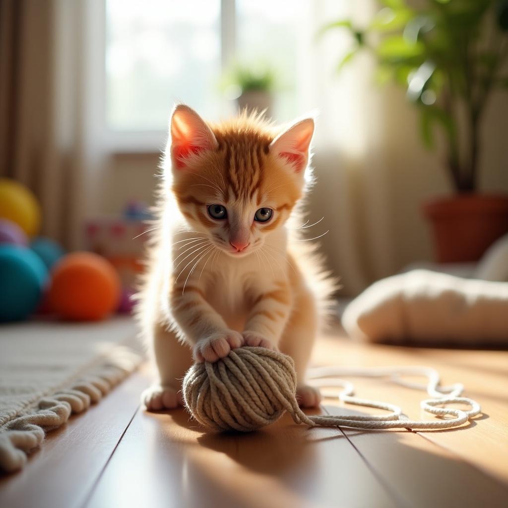 A playful kitten interacting with a ball of yarn. The scene is cozy with soft lighting creating a warm atmosphere. The background features colorful toys suggesting a playful environment.