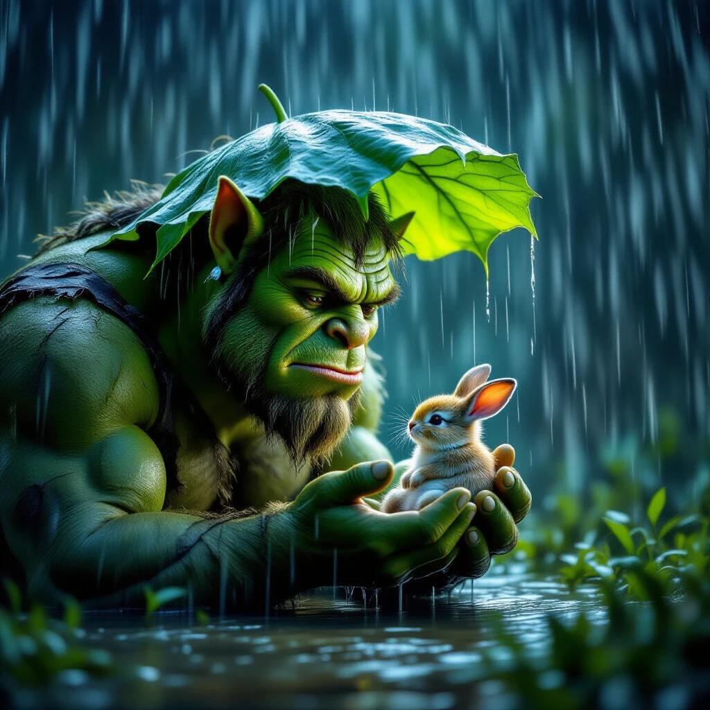 A kind-hearted ogre holds a large green leaf over a tiny baby bunny in its hand. Heavy rain falls around them. The scene is dark and windy with vibrant dark colors. Professional wildlife photograph in high definition.