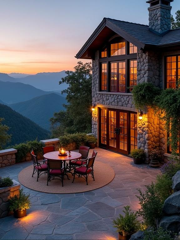 Charming luxurious mountainside stone cabin at sunset. Surrounded by lush greenery and warm inviting lighting. Multi-level structure with wood-framed windows. Outdoor dining set in the center of a stone patio. Flagstone flooring in gray and beige. Climbing ivy and flowering plants around. Expansive mountain valley view in the background. Soft sunset colors in the sky creating a peaceful mood.