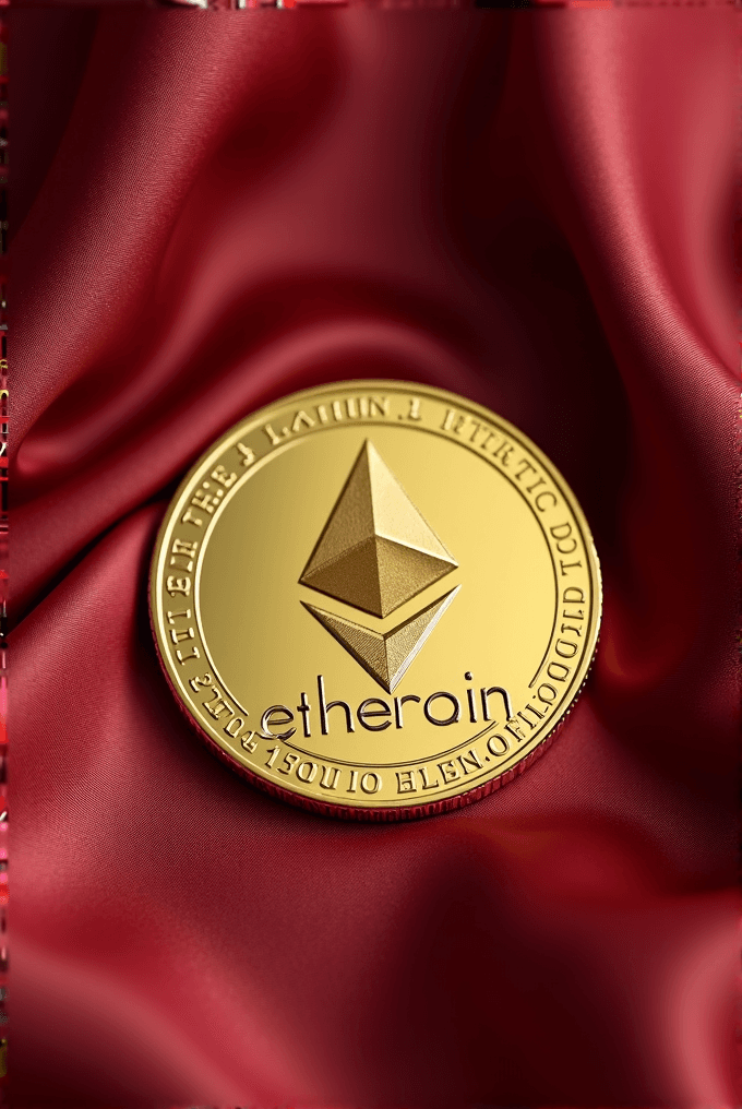 A golden "etheroin" coin rests on a rich red silky fabric.