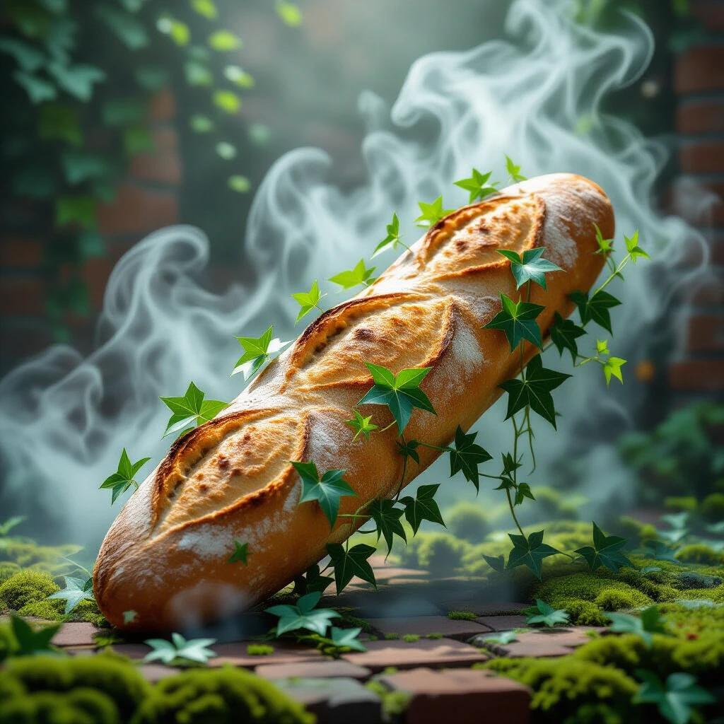 A French baguette surrounded by ivy vines. Wisps of fog rising from its surface creates an atmospheric scene. Architectural surrealism with mossy texture photorealism.