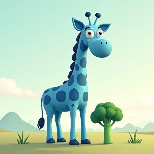 Cartoon-style image of a huge blue giraffe next to a tiny broccoli in a cheerful landscape.