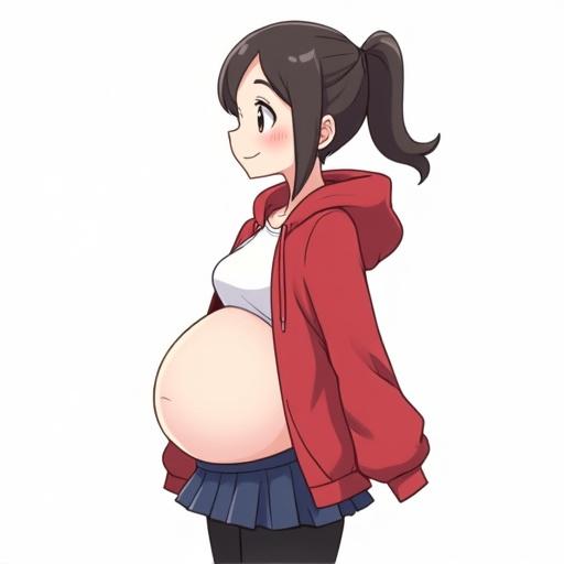 Anime-style illustration featuring a very pregnant character with a side profile. Brunette with pigtails wears a red hoodie over a white shirt, showcasing a visible underbelly. Dressed in a navy blue mini-skirt with leggings. Background is plain white.