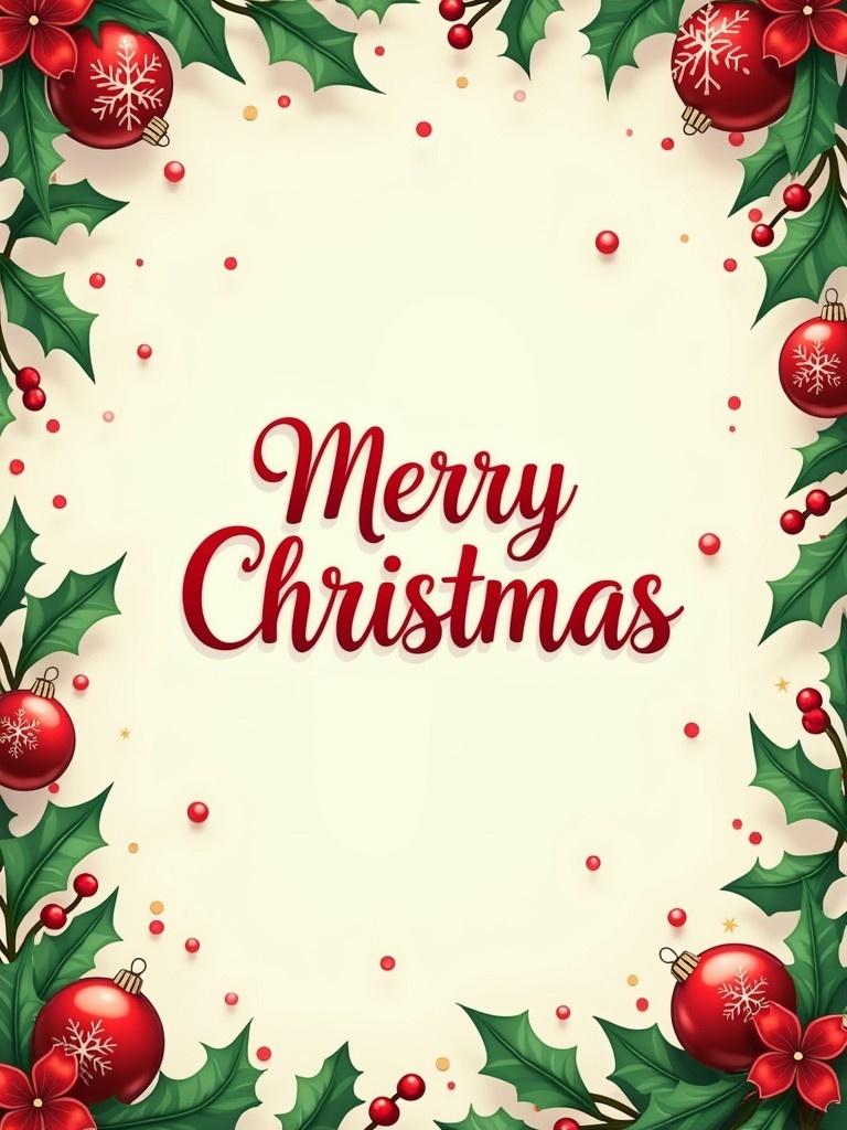 Design features 'Merry Christmas' in prominent typography. Holly leaves and red ornaments adorn the border. Image is suitable for festive occasions. Bright and cheerful colors create a warm atmosphere. Atmosphere evokes holiday spirit.