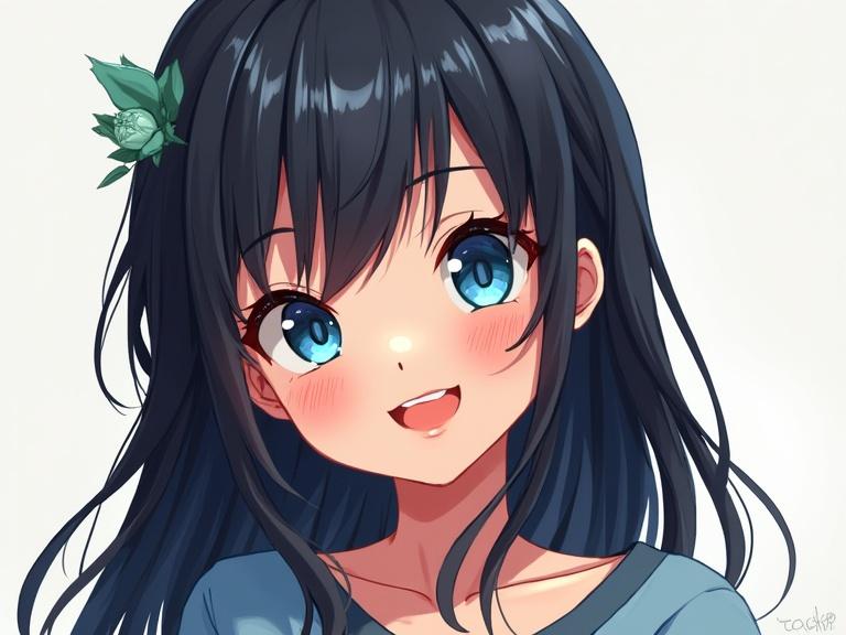Dibujo de chica anime con pelo negro largo y ojos azules sonriente. Lleva una flor verde en la cabeza. Estilo característico del anime.