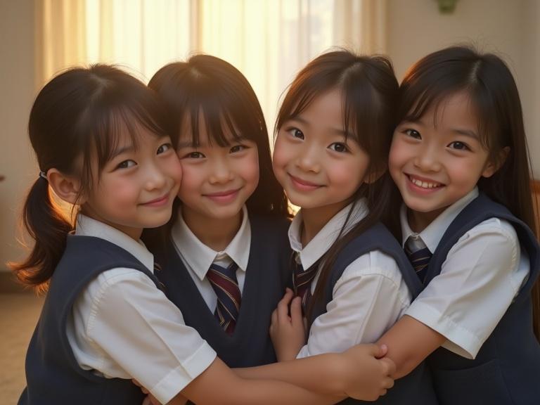 A realistic photograph of four beautiful Japanese female children in their 10s wearing school uniforms. They are hugging each other. Warm soft lighting is present. A depth of field effect is applied. The photograph simulates an 85mm lens with ultra-detailed skin texture. The composition is cinematic and follows a professional photography style.