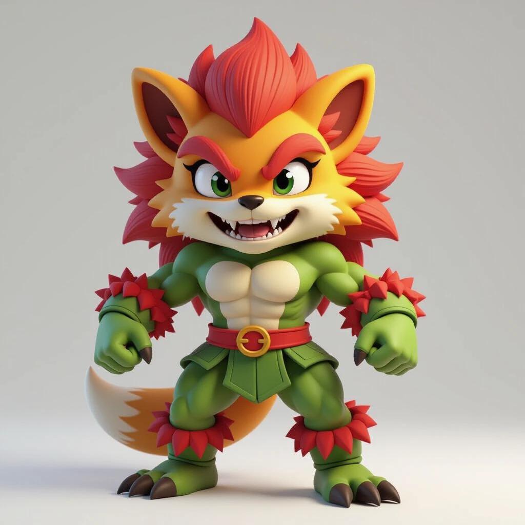 3D cartoon character with bright colors and muscular build. Character has green skin. Red and orange spiky hair. Fierce expression with bold features. Wearing a costume with animal-like elements. Standing confidently in a dynamic pose.