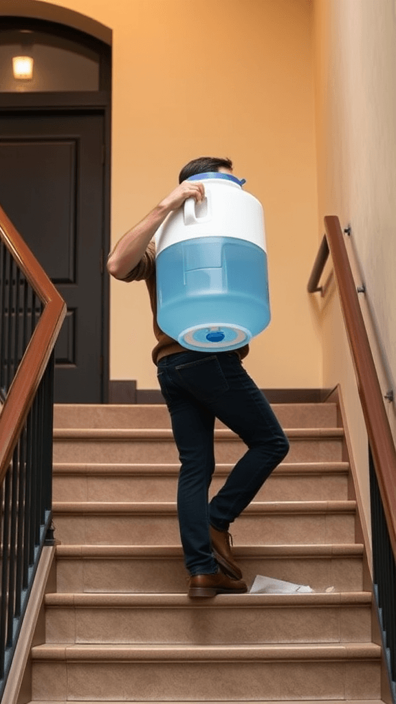 The image depicts a person carrying a large water container up a staircase. The individual is wearing casual attire, including dark jeans and brown shoes. The water container is substantial, with a white top and a transparent lower half filled with blue liquid, possibly water. The person appears to be balancing the container on their shoulder as they ascend the steps of what seems to be an indoor staircase. A piece of paper is lying on one of the stairs, and the background shows a closed, dark-colored door with arched detail, lit by a warm light from above.