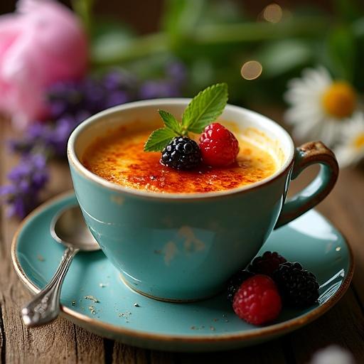 Professional photograph of crème brûlée in a turquoise cup with fresh berries in a garden setting. Macro details focus on caramelized top and creamy texture. Includes flowers and fairy lights for ambiance.
