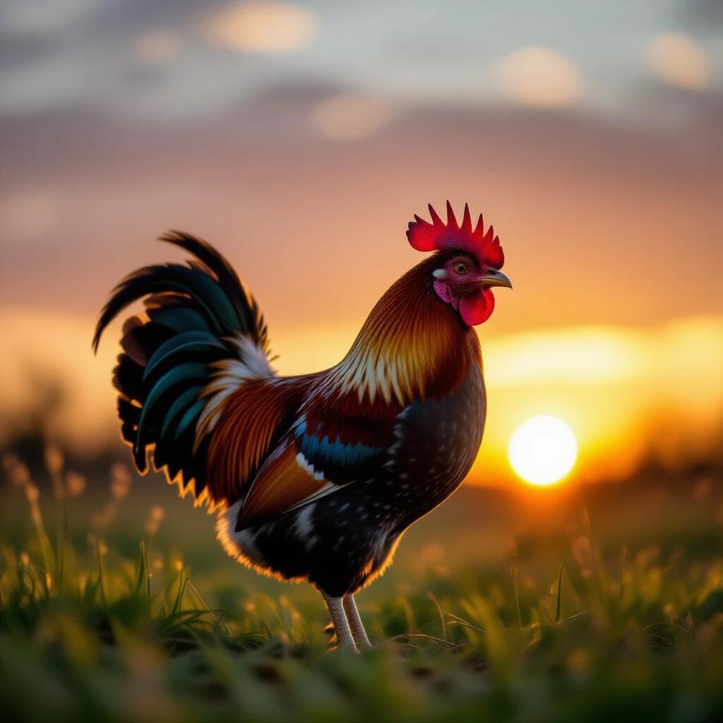 Rooster standing on grass during sunset. Background features trees and sky at dusk. Vibrant plumage in red yellow and black. Contrast between warm background and bright feathers. Creates a tranquil warm atmosphere. Silhouette of trees blends with sunset glow for natural beauty. Style reflects natural photography with emphasis on light and color harmony.
