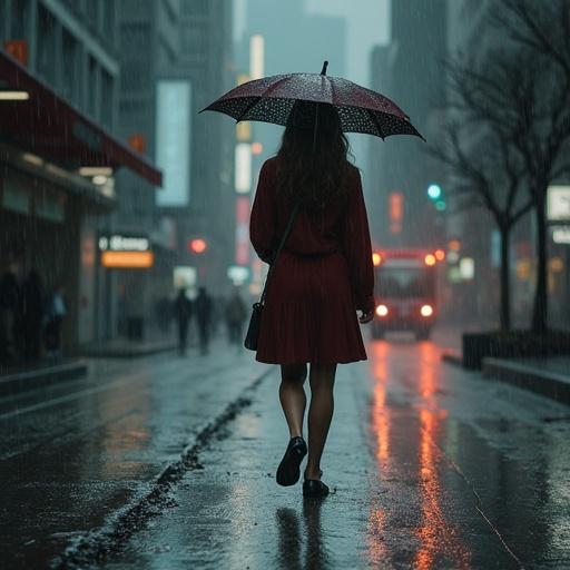 A woman walks in the rain carrying a black umbrella in a busy urban setting. She wears a stylish red dress. The streets are wet with reflections of city lights. It's a moody, atmospheric scene with a city skyline in the background.