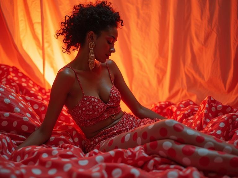 In a professional studio setting a model poses on a bed of red polka dot fabric. The model wears a matching red polka dot outfit with stylish accessories. Warm lighting creates an inviting atmosphere highlighting the textures and vibrant patterns in the scene.