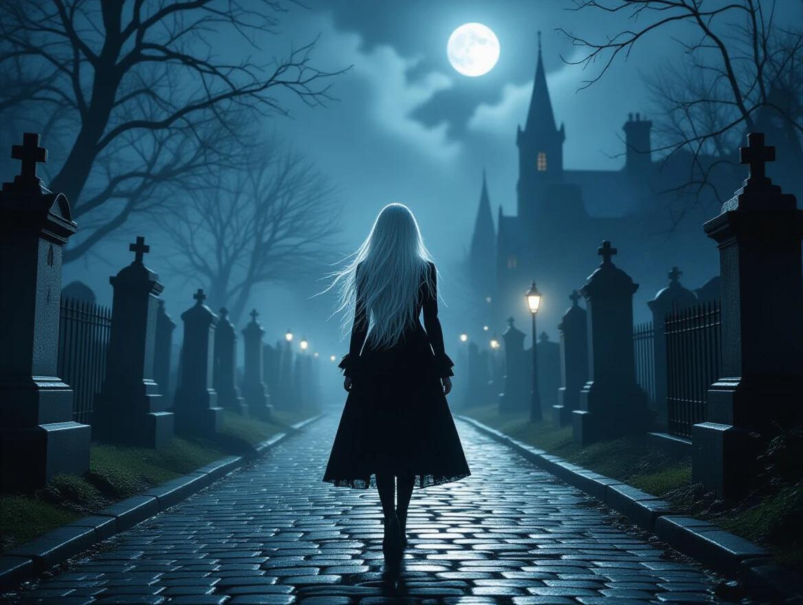 Gothic girl walks down a foggy cemetery street. Tombstones on sides of path. Chilling atmosphere with shadows and lighting. Moonlight shines through mist. Long white hair. Cobblestone streets with dim lights.