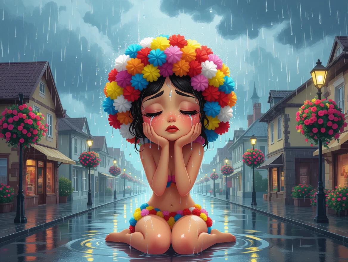 Woman covered in colorful pom-poms sits on a street. Rain pouring down creates reflections. Stormy atmosphere surrounds the town. Flowers droop sadly. Emotional scene showcases vulnerability. Woman expresses sadness amidst beauty.