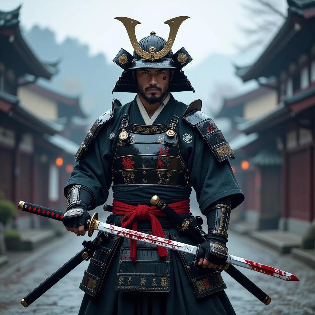 Full body figure of a samurai warrior. Samurai holds katana with blood on the blade. Samurai wears traditional armor. Background features ancient Japanese architecture. The setting is atmospheric and includes moody lighting.
