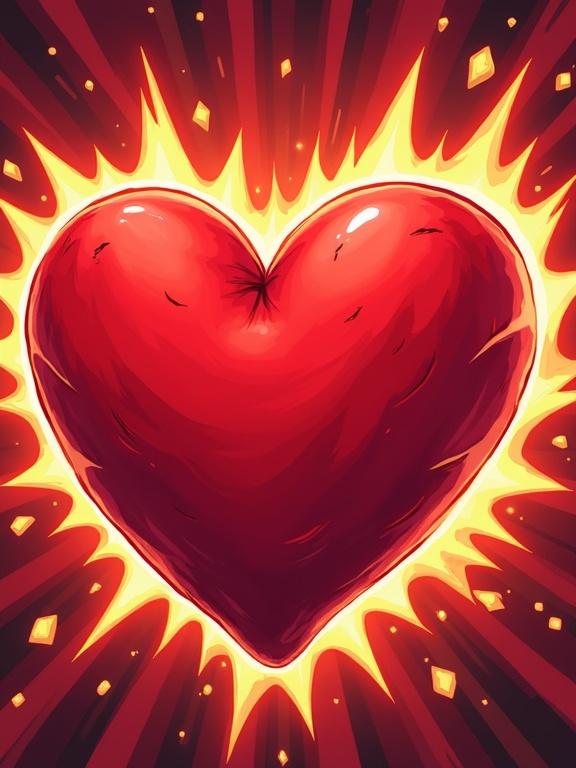 Animated red heart is thumping and generating shockwaves. Cartoon style is used. The image features bold colors and intense energy. Focus is close-up on the heart.