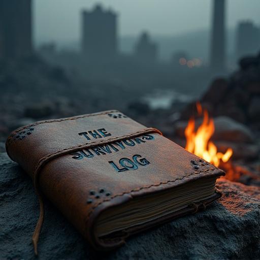 Leather-bound notebook titled 'The Survivor's Log'. Positioned on a rock. Background shows a ruined city in darkness. Small fire nearby illuminates the notebook.