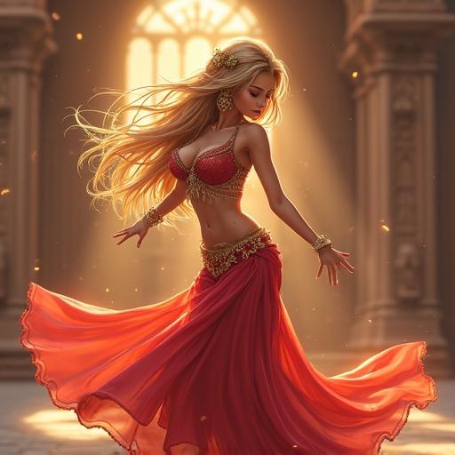 Blonde girl in anime style dances in an Arabian outfit. She performs belly dance. The scene has a warm, enchanting atmosphere.