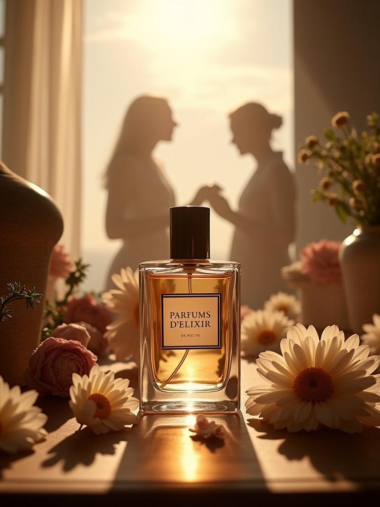 An evocative scene representing Parfums d'élixir mission. In the center, an elegant perfume bottle is surrounded by symbolic elements like delicate flowers. Warm light creates an intimate atmosphere, highlighting the bottle's design. Silhouettes of people suggest meaningful moments, reflecting that each perfume is a personal experience.