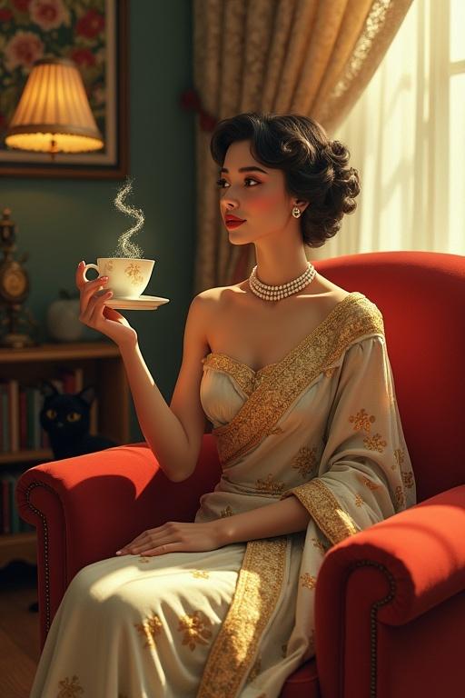A 1950s-style woman sits in a vintage armchair. She wears an embroidered silk saree with golden motifs. Holding a teacup, a galaxy swirls inside. The room features unique elements like a retro lamp and a melted clock. The atmosphere blends nostalgia with surreal elegance.