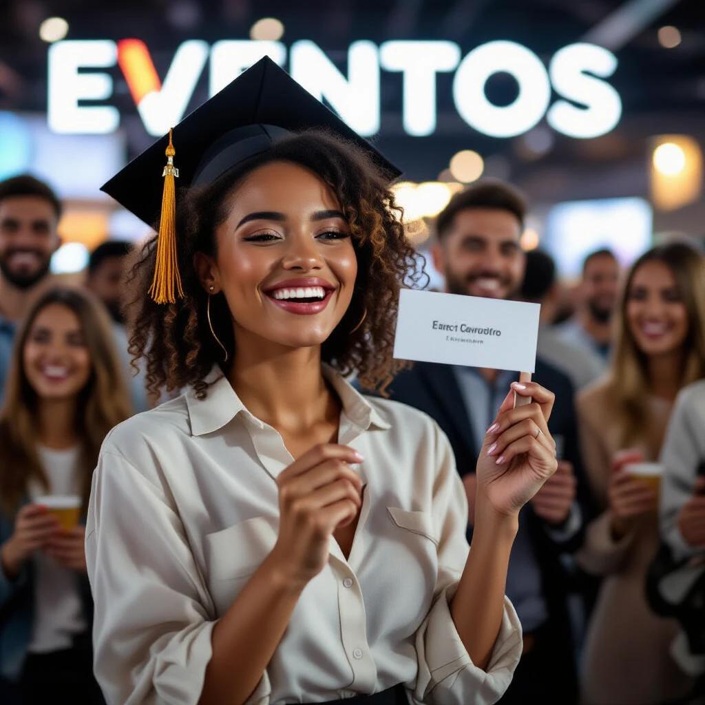 A person participating in a ticketed event holding a sign. The background features an event-related display. The focus is on the individual's expression and gesture. Crowded venue ambiance visible. Bright lights enhance the atmosphere.