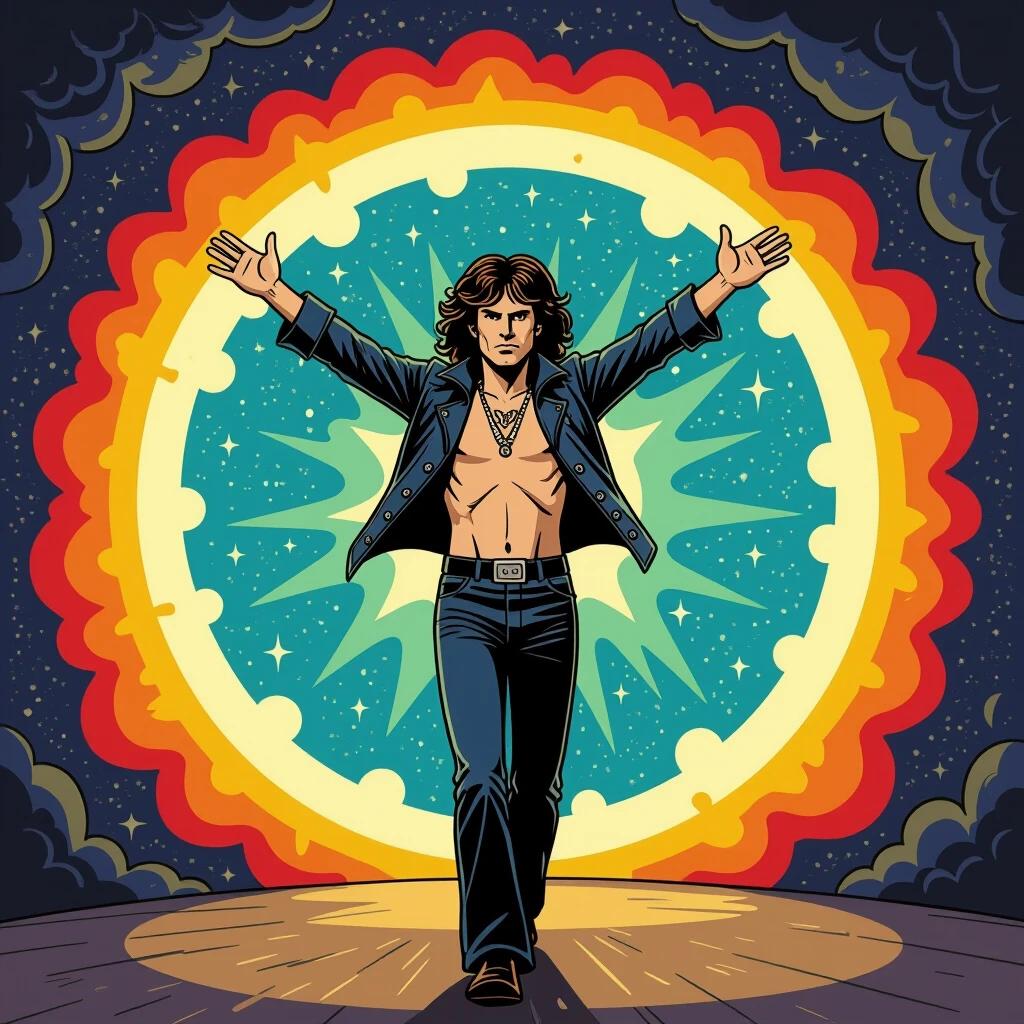 A figure confidently walks through a vibrant dimensional portal. The background is filled with stars and energetic colors. The atmosphere suggests a transition into a whimsical animated realm.