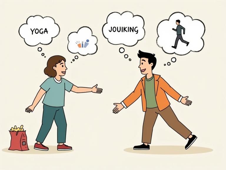 Two characters engaging in a discussion using thought bubbles. One character suggests yoga and the other discusses journaling and walking as coping strategies. A snack bag is present but being ignored. A positive, engaging interaction is depicted.