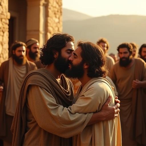 Photorealistic emotional reunion scene. Multiple pairs of bearded apostles and disciples embracing outside Virgin Mary's stone house. Middle-aged Jewish men in travel-worn tunics. Genuinely joyful and loving atmosphere. Traditional Middle Eastern greeting customs. Mediterranean hillside in warm afternoon light. Dust from their arrival enhances the scene. High-quality photorealistic image.