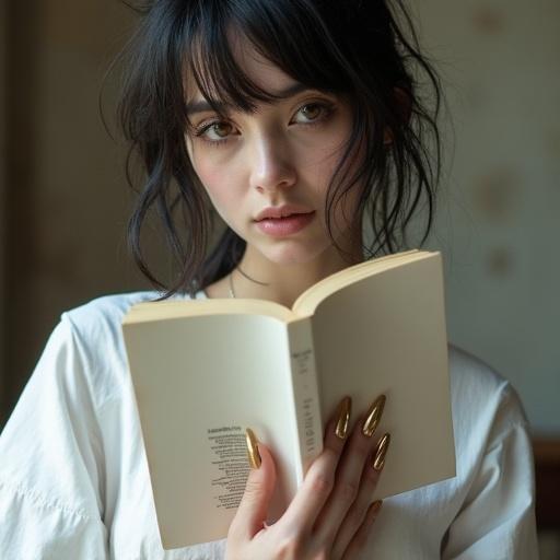 A photo of a pale young fashionista wearing white casual grunge clothes. She is reading a book and holding it at face height with one hand. The other hand is flat on her chest showcasing her long elegant nails. The nails appear to be pure gold.