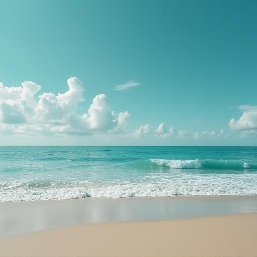 Aqua ocean view with calm waves and a light beige beach. Soft clouds in the sky. Relaxing natural scenery.