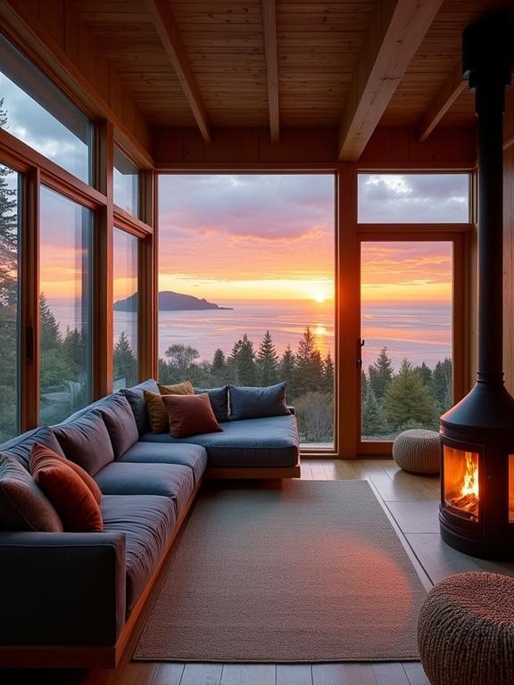 Cozy living space with sunset ocean view. Rustic modern style with warm wood elements and large glass windows. L-shaped plush sofa in muted blue. Wood-burning stove radiating warmth. Natural light from sunset creates an intimate atmosphere. Forests and hills seen outside.