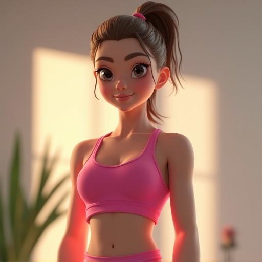 A digital illustration of a female figure in a pink sports bra standing in a bright room. The figure showcases athleticism and healthy living vibes.
