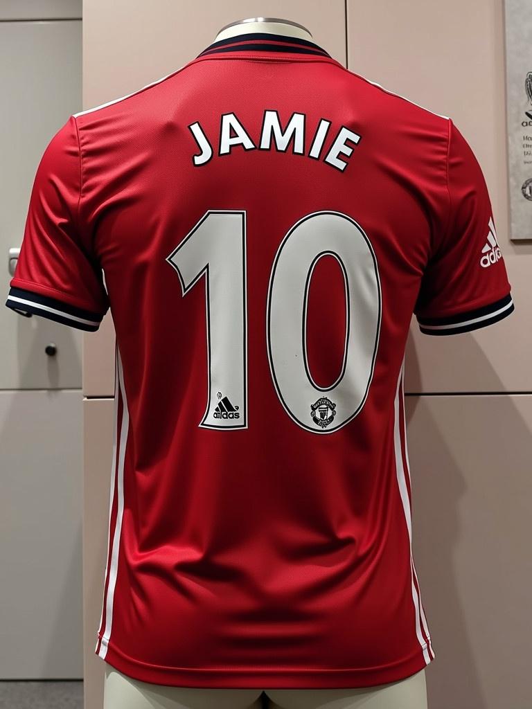 Display of a Manchester United jersey. Jersey features the name Jamie. The back of the shirt shows the number 10. The shirt is red with white and black accents. A mannequin displays the shirt. The Manchester United logo is visible on the shirt.