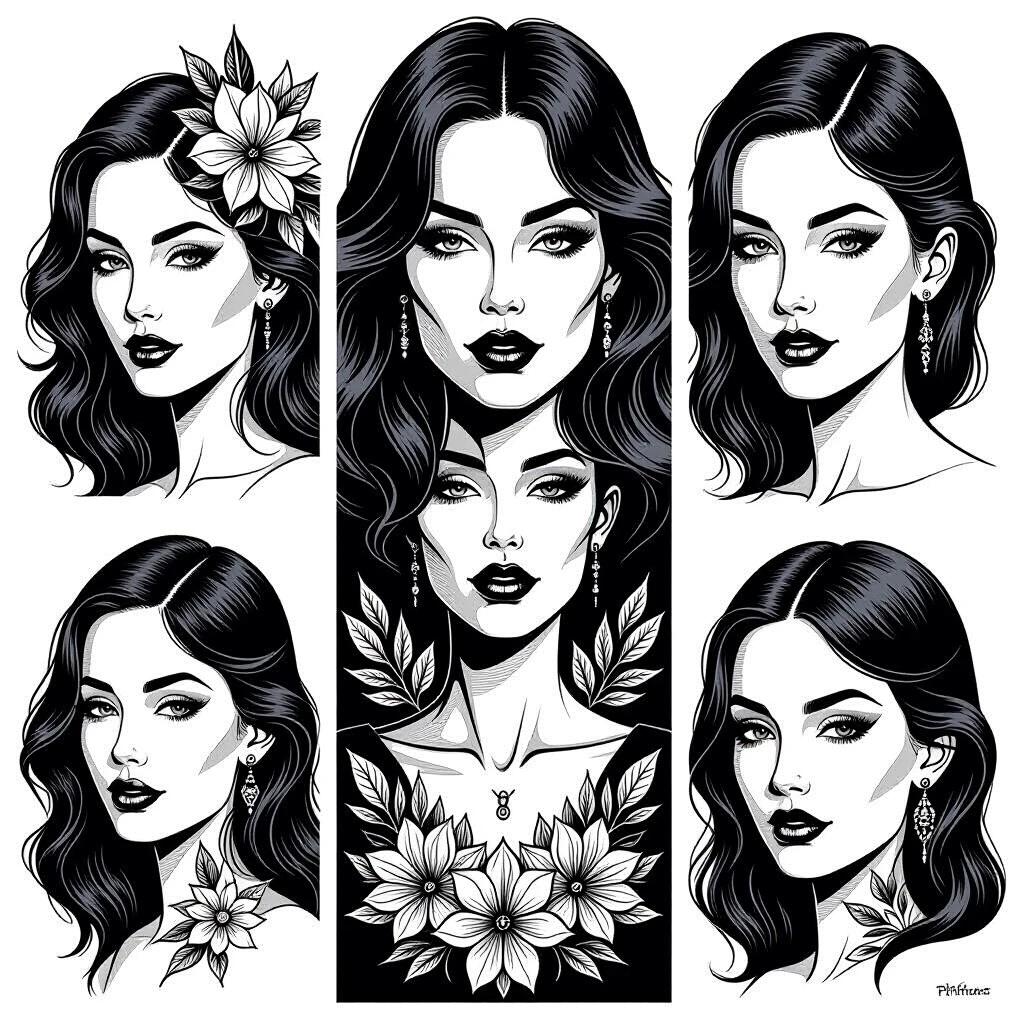 Flash tattoo sheet features various exotic emotional portraits. Thick black and white single line drawings are used for minimalist tattoo designs. Floral elements enhance the feminine aesthetic. Inspired by artists Russ Mills, Patrick Nagel, Victoria Frances, and Anne Stokes.