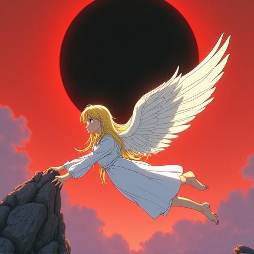 Anime painting of a flying angel in a side view. Angel has long blond hair and large white wings. The sky is red with a black solar eclipse. Background has muted colors. Angel looks anxious and stretches a hand forward. Artistic style inspired by 90s anime and Studio Ghibli.