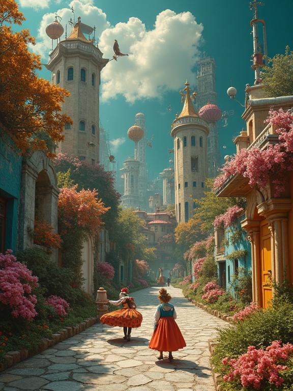 Surreal art scene with Commedia dell'Arte characters in imaginative world. Otherworldly setting with vibrant colors and intricate details. Distorted architectures and dreamlike background create surreal atmosphere. Blend classical characters like Colombina and Pierrot seamlessly into composition. Digital techniques enhance depth, luminosity, and ethereal quality.