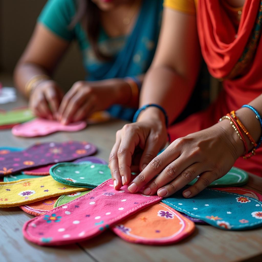 Women crafting colorful handmade sanitary pads. Close focus on hands while creating pads. Bright, intricate designs are visible. Natural lighting highlighting vibrant colors.