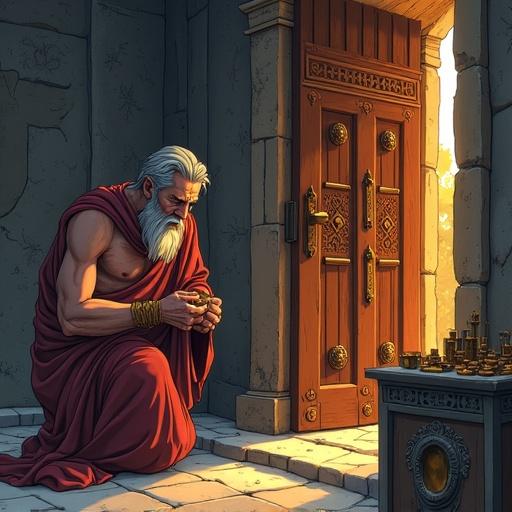 Dark anime cartoon style scene showing a household paterfamilias applying oil to new iron hinges on a wooden door. An altar with offerings—garlands, incense, miniature hinge tokens honored to Cardea. Paterfamilias in toga praetexta with bloodied fingers shows determination. Protective symbols around the entrance are etched into stone and wood. Light is gray dawn with amber, symbolizing hope. Gritty style reflects faith, violence, and daily life in Rome.