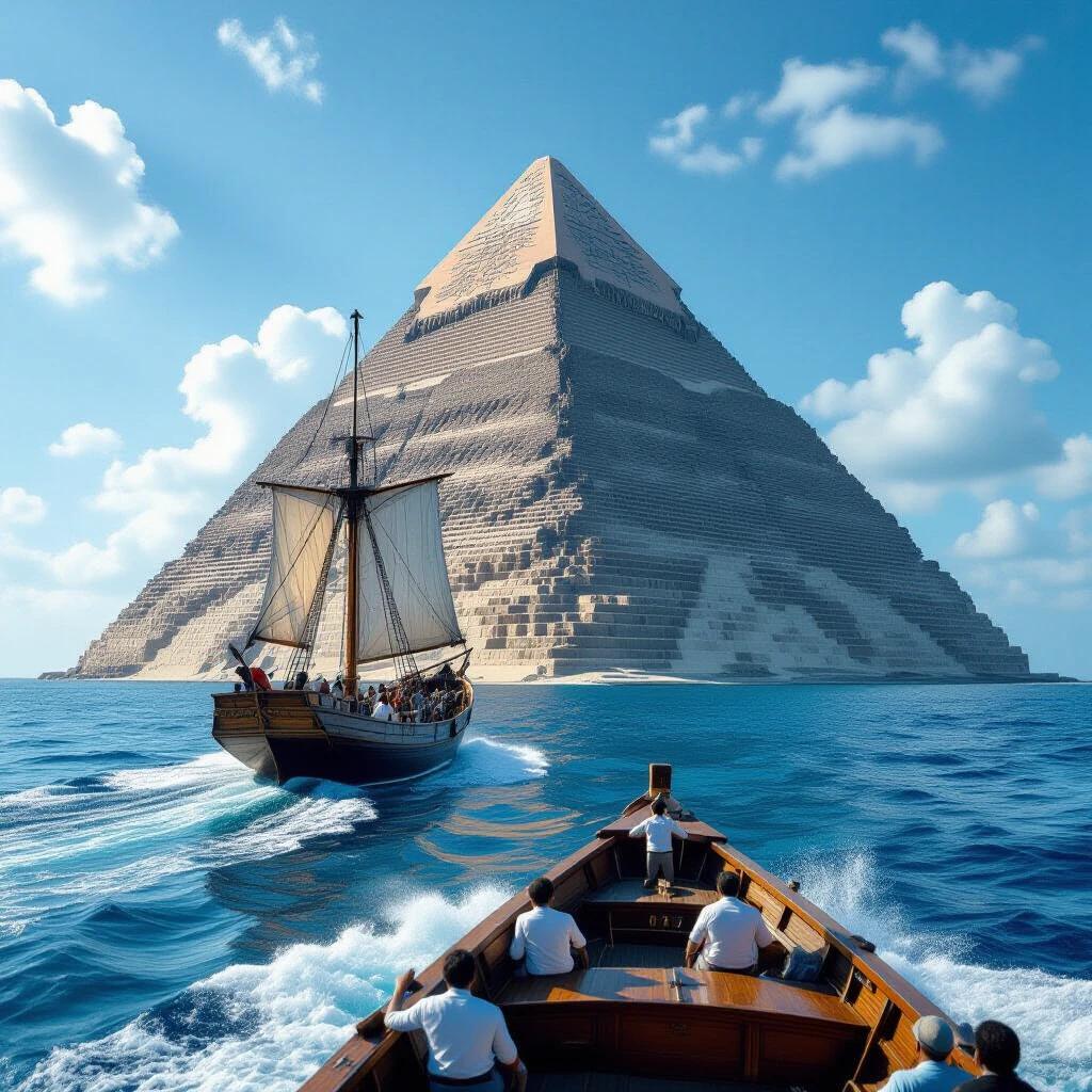 A ship sails towards a large pyramid on the ocean. The scene captures a bright blue sky with scattered clouds. Ocean waves add movement to the image. People on the ship show curiosity. The giant pyramid towers in the background as the ship navigates the ocean waters.