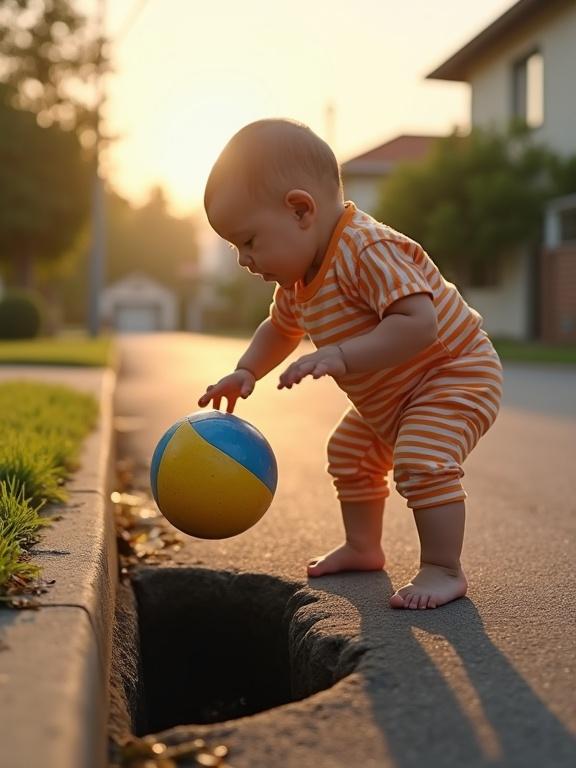 A baby stands barefoot on a quiet suburban street. The baby wears an orange and white striped romper. Baby leans forward curiously reaching toward a colorful yellow and blue ball. The ball is about to fall into a street gutter. Suburban houses and trees are in the background with soft shadows. The warm golden sunset creates a cinematic atmosphere. The image feels innocent and slightly tense with shallow depth of field.