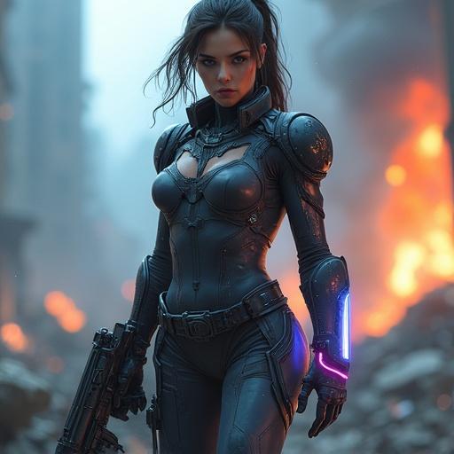 A female warrior stands amidst chaos. She wears a form-fitting, high-tech battle suit with armored plates and glowing accents. An advanced energy pistol is in her hand. The background shows a dystopian warzone with crumbling buildings and smoke. Her expression is fierce and determined. The image is hyper-detailed and photorealistic with dramatic lighting.