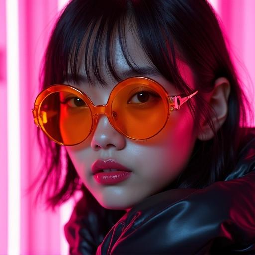 Close-up of an asian model wearing orange visor sunglasses. Model has glossy lips and a wet bob haircut. She is dressed in a black shiny puffer jacket. The background features a neon pink tech wall with circuit board elements. The lighting is cinematic with rim light, highlighted with high contrast. The image has a sharp focus, creating a photorealistic effect with hyperreal skin texture.