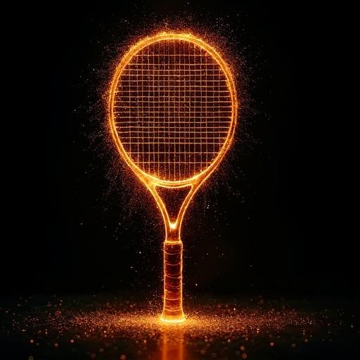 A tennis racket made entirely of water droplets. The racket is dissolving into fire glitters. The setting has dramatic studio lighting against a black background.