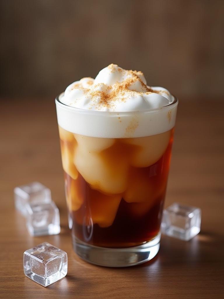 Hot coffee with foam milk on top shows in a glass surrounded by ice cubes